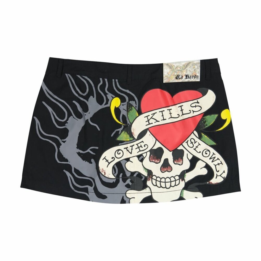 NWT ED HARDY WOMEN'S LKS SKULL SKIRT BLACK POPLIN LARGE - Picture 2 of 7